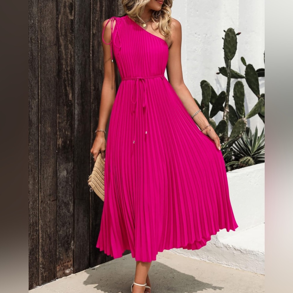 NWT BTFBM Hot Pink One Shoulder Pleated Tie Waist Maxi Dress Size M